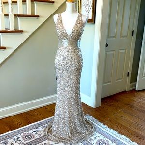 MacDuggal Bead and Sequence Gold Evening Dress